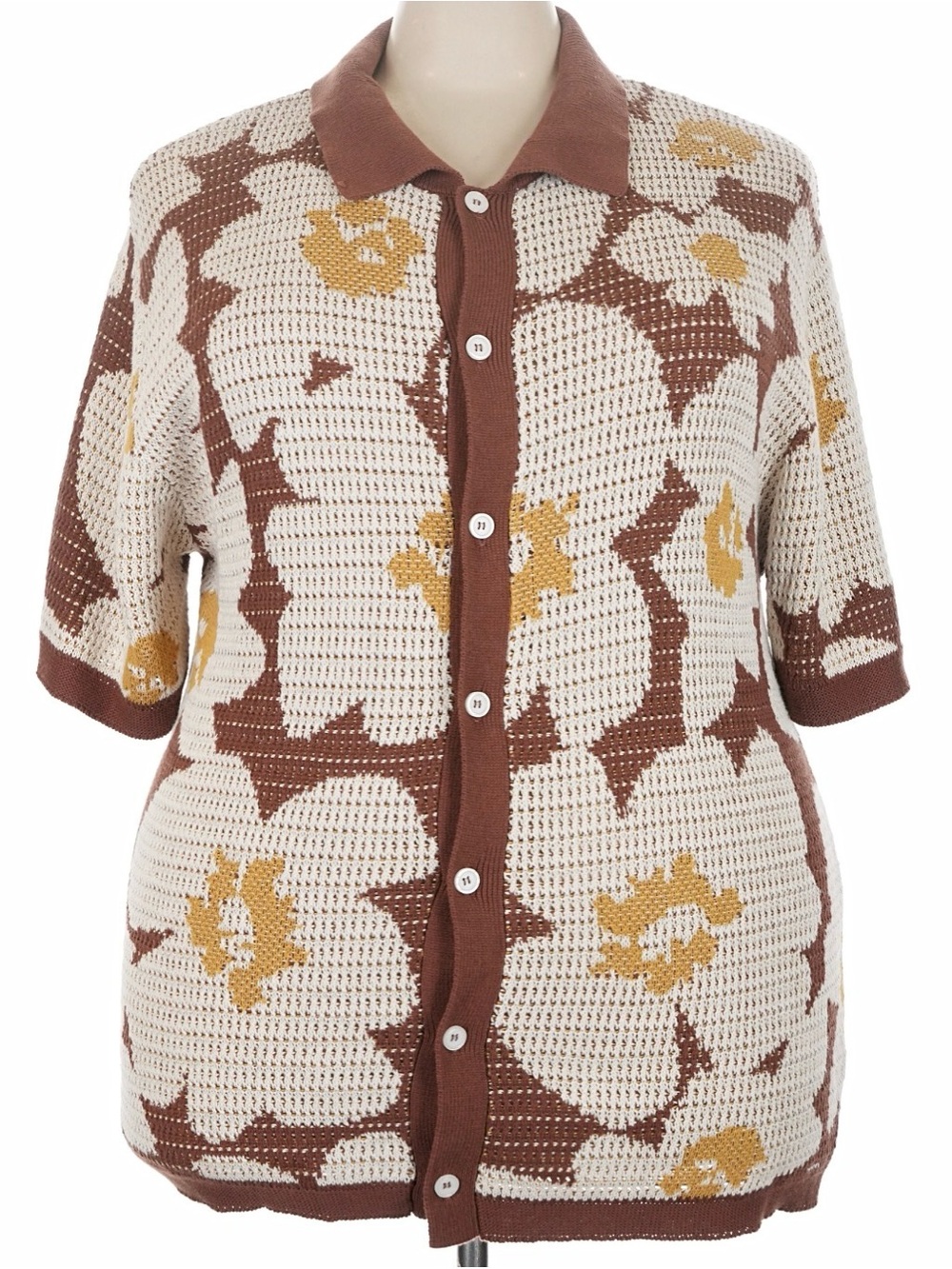 Women's Button-Front Floral Knit Cardigan Sweater - Cream & Brown